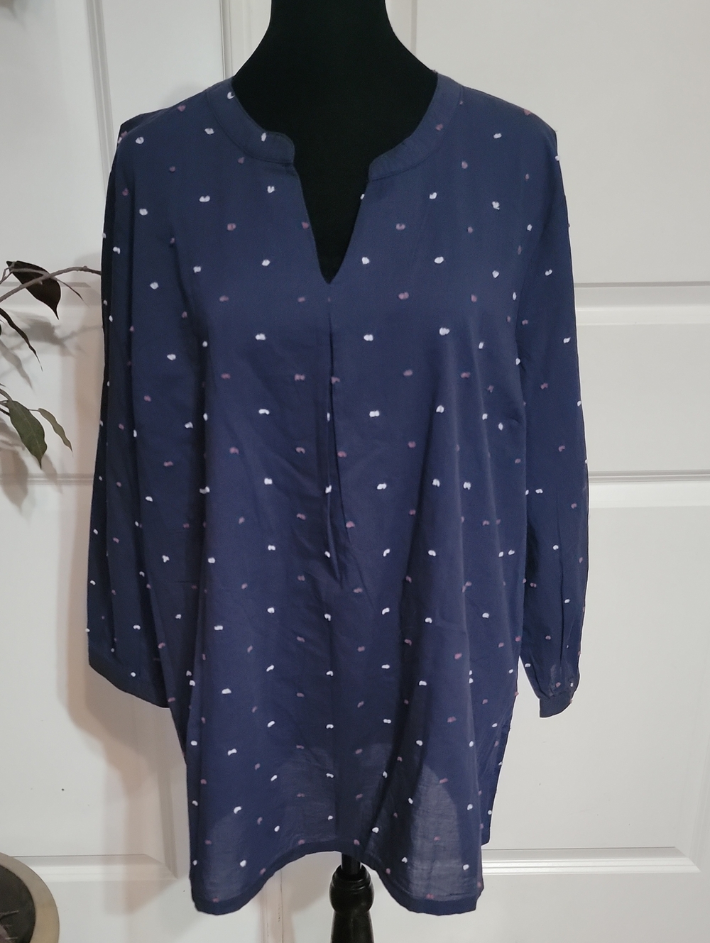 Basic Editions Navy Long-Sleeve Split-Neck Tunic with Dot Print